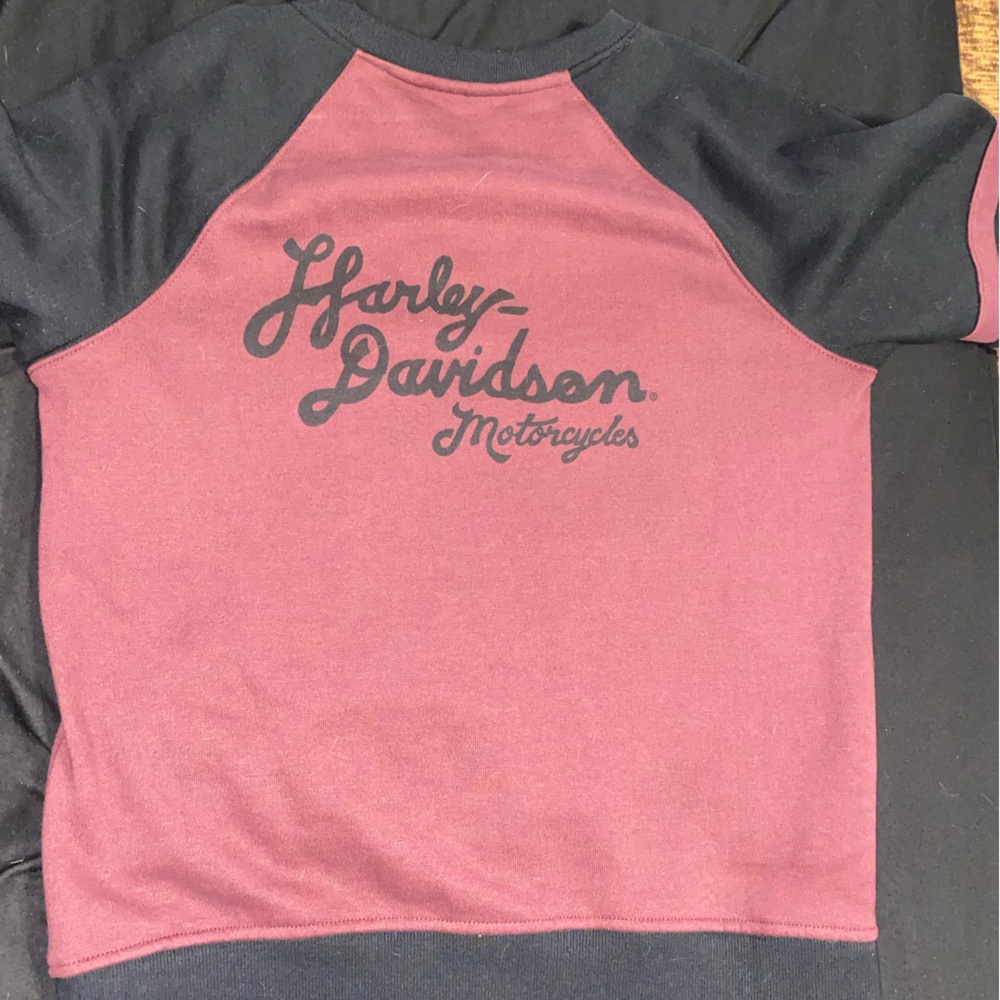 Burgundy and black pull over Harley Davidson sweater.